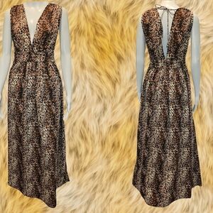 America Beyond Leopard Print Maxi Dress Deep V Cut Front / Back  SZ Small NWT